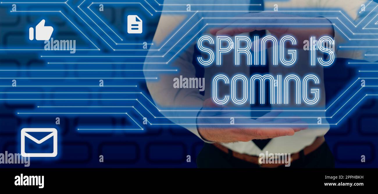 Légende du texte Présentation commencez dès aujourd'hui. Aperçu des affaires après la saison d'hiver approche profiter de la nature fleurs soleil Banque D'Images