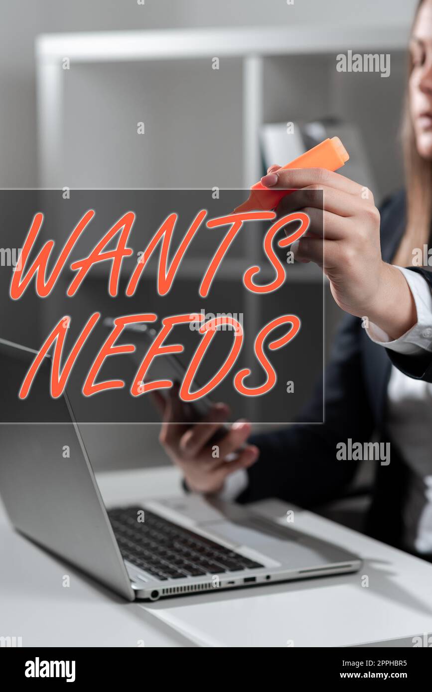 Le texte écrit veut des besoins. Vitrine d'affaires pour avoir quelque chose de nécessaire ou désir pour l'individu de vivre Banque D'Images