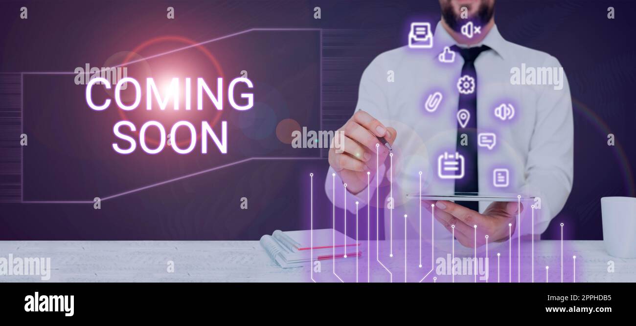 Affiche bientôt disponible. Aperçu de l'entreprise événement qui se produira à l'avenir ou sur le point de venir Banque D'Images Affiche bientôt disponible. Aperçu de l'entreprise événement qui se produira à l'avenir ou sur le point de venir Banque D'Images