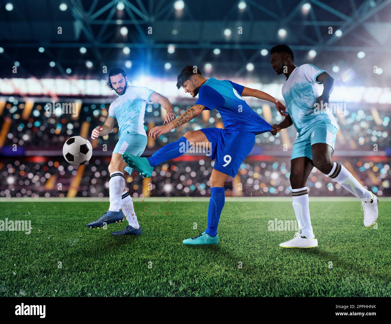 Scène de football avec des joueurs de football en compétition dans tout le stade Banque D'Images