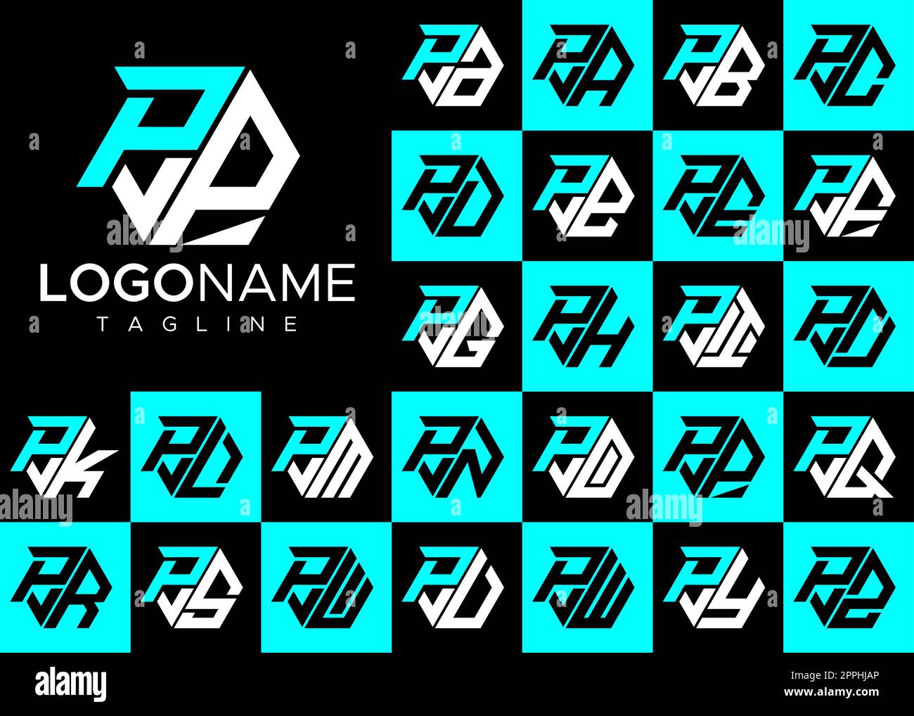 Jeu de logos à lettre P hexagonale. Ensemble de modèles de logo moderne lettre P. Illustration de Vecteur