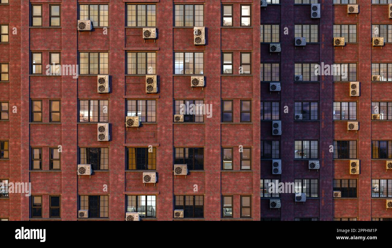Fond d'architecture ancienne bâtiment brique rouge appartement climatisation fenêtres façade illustration 3D. Banque D'Images