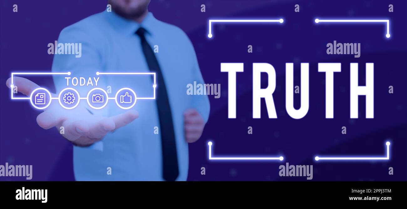 Légende de texte présentant la vérité. Mot écrit utilisé pour signifier être en accord avec la réalité des faits ou fidélité à l'homme d'affaires standard détenant tablette avec symbole de confidentialité contenant des informations sécurisées. Banque D'Images