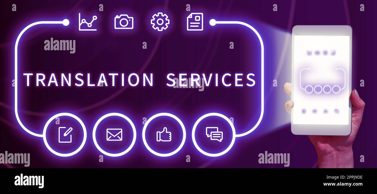 Affiche affichant les Services de traduction. Mot écrit sur l'organisation qui permet aux gens de traduire le discours Banque D'Images