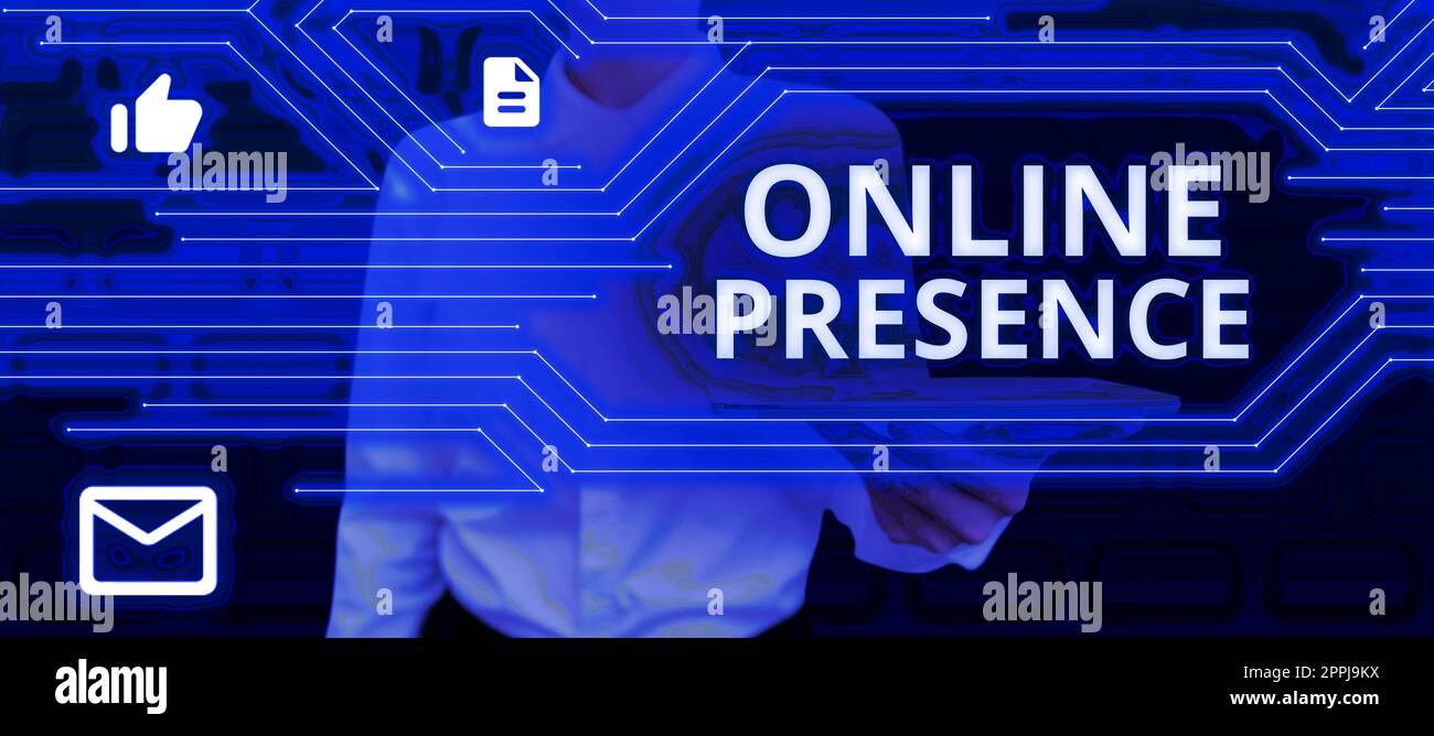 Affiche textuelle indiquant la présence en ligne. Approche d'affaires existence de quelqu'un qui peut être trouvé par une recherche en ligne Banque D'Images