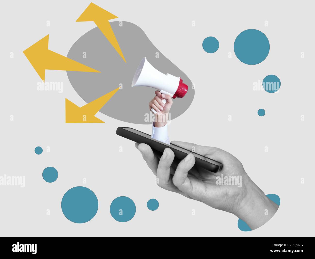 Téléphone intelligent de collage avec une main tenant un mégaphone. Concept de marketing numérique. Banque D'Images