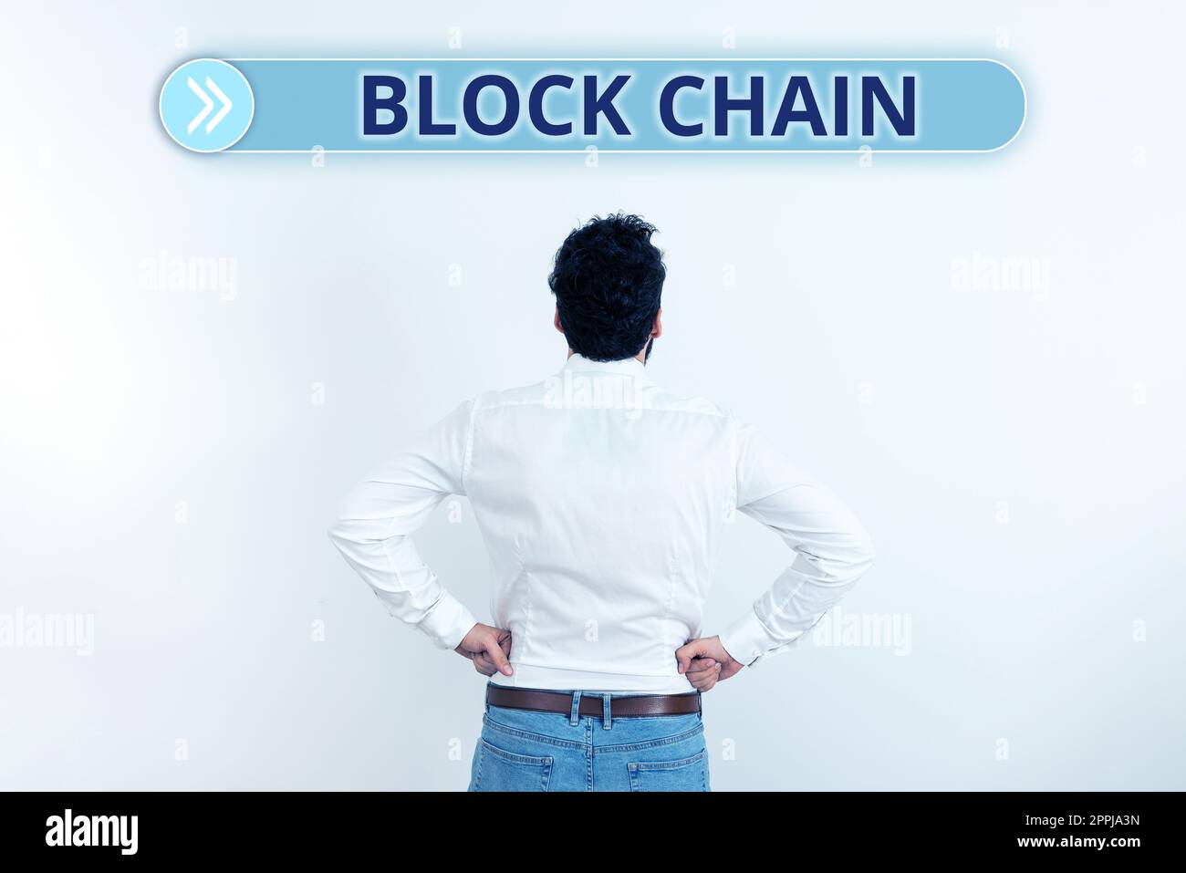 Panneau de texte indiquant la chaîne de blocs. Système de concept d'entreprise dans lequel un enregistrement des transactions effectuées en bitcoin Banque D'Images