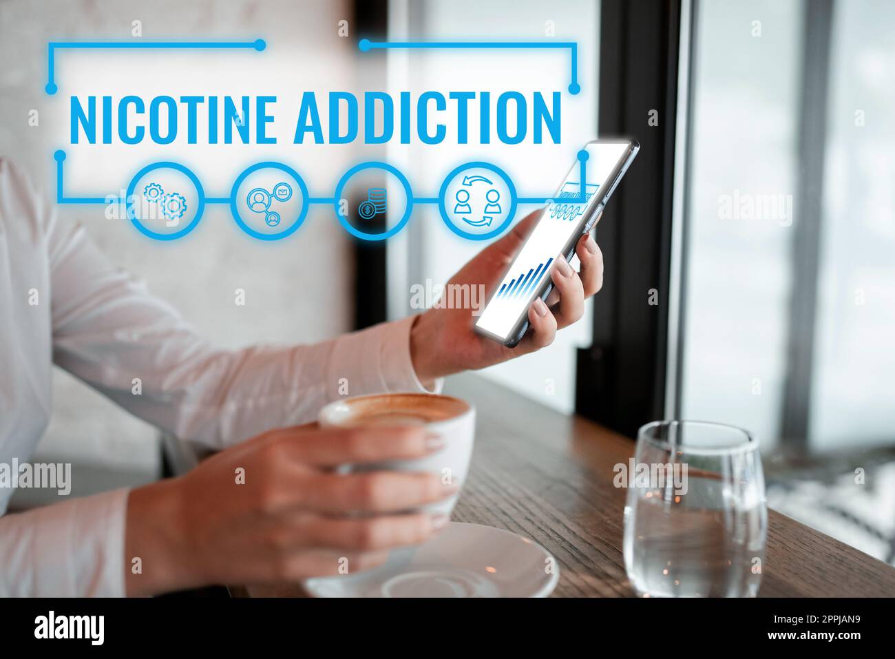 Signe écrit à la main addiction à la nicotine. Condition de vitrine d'affaires d'être accro à la consommation de tabac ou de tabac Banque D'Images