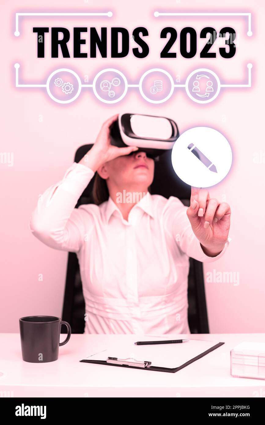 Légende de présentation des tendances 2023. Mot pour l'année à venir tendance dominante largement discuté en ligne Banque D'Images