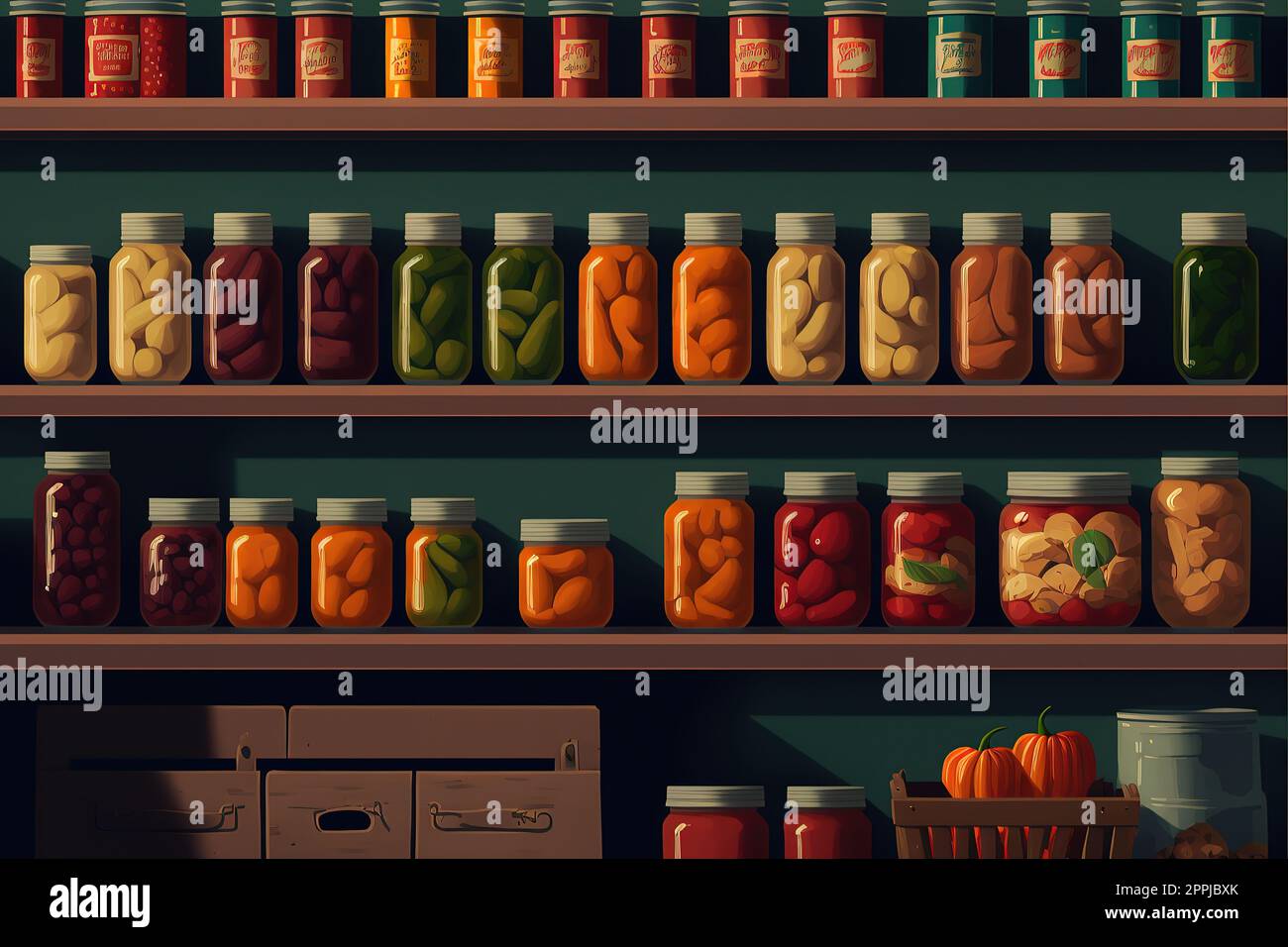 Vue horizontale de deux étagères en bois contenant une variété de légumes et de fruits en conserve, alignés en rangées de bocaux en verre. Les aliments de base en conserve comprennent les tomates saucées, le maïs, les patates douces, le saurkraut, les poivrons rouges rôtis, concombres, cornichons, pêches, et un t Banque D'Images