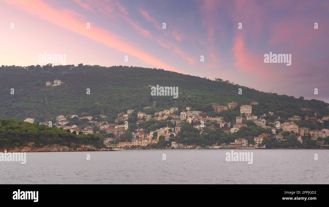 Vue sur les collines de l'île de Kinaliada depuis la mer de Marmara, avec maisons d'été traditionnelles et bateaux, Istanbul, Turquie Banque D'Images