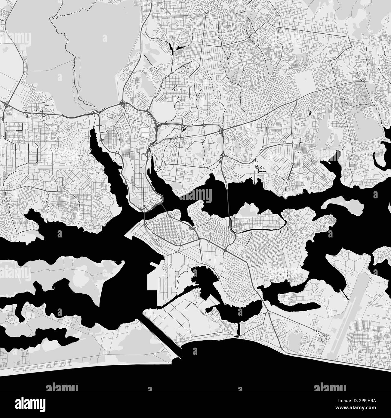 Carte de la ville d'Abidjan, Côte d'Ivoire. Affiche urbaine noir et blanc. Carte routière avec vue de la région métropolitaine. Illustration de Vecteur