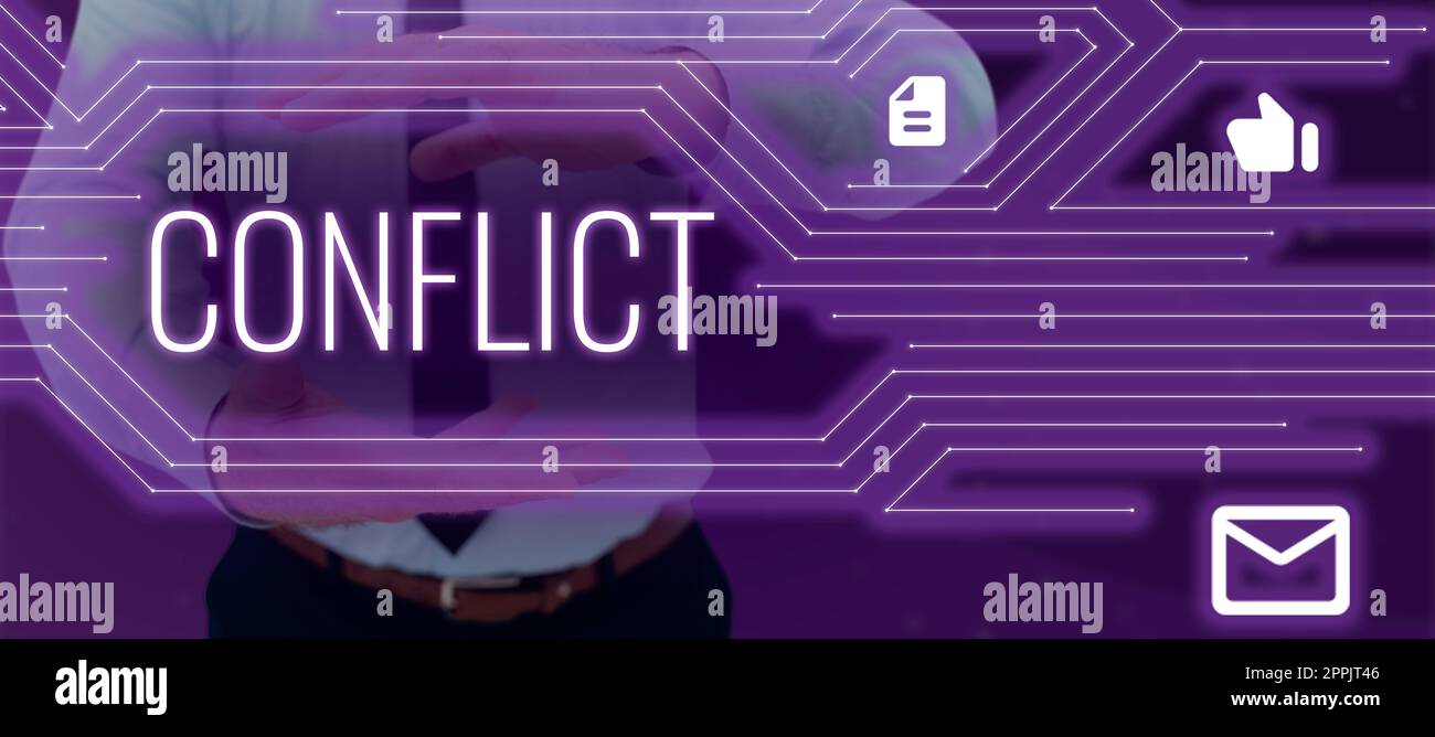 Signe indiquant un conflit. Concept signifiant être en désaccord avec quelqu'un au sujet des objectifs ou des objectifs Banque D'Images