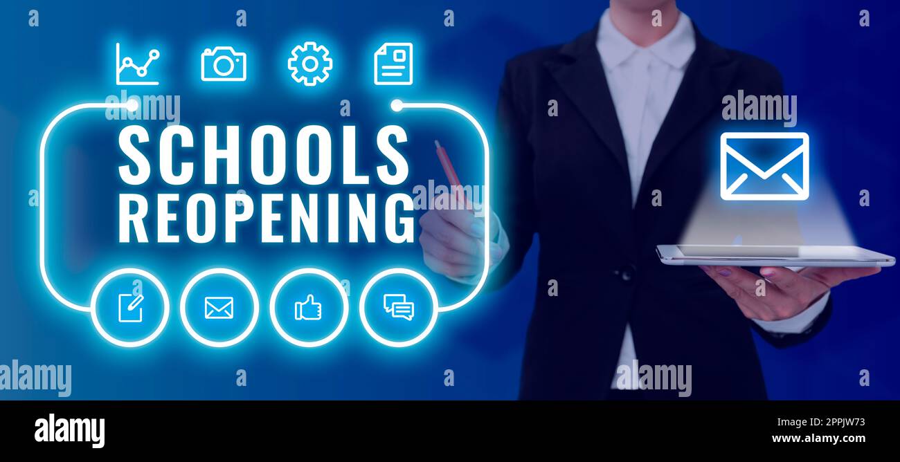 Inspiration montrant l'enseigne réouverture des écoles. Les classes de concept d'affaires sont pour le moment terminé la journée d'école Banque D'Images