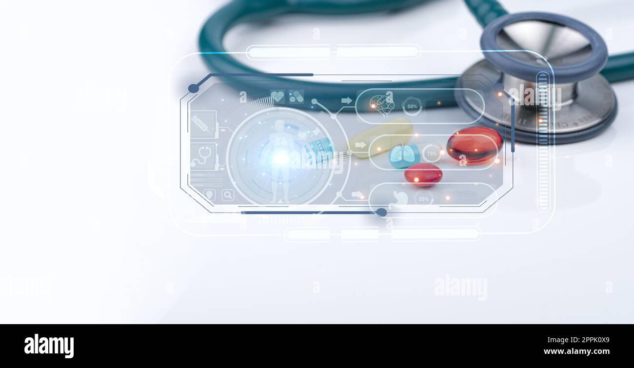 Pilules et stéthoscope avec concept pharmacocinétique. Outil médical de diagnostic. Bilan de santé. Santé et médecine. Cerveau, poumon, estomac, seringue et icônes humaines. Métabolisme des médicaments. Banque D'Images