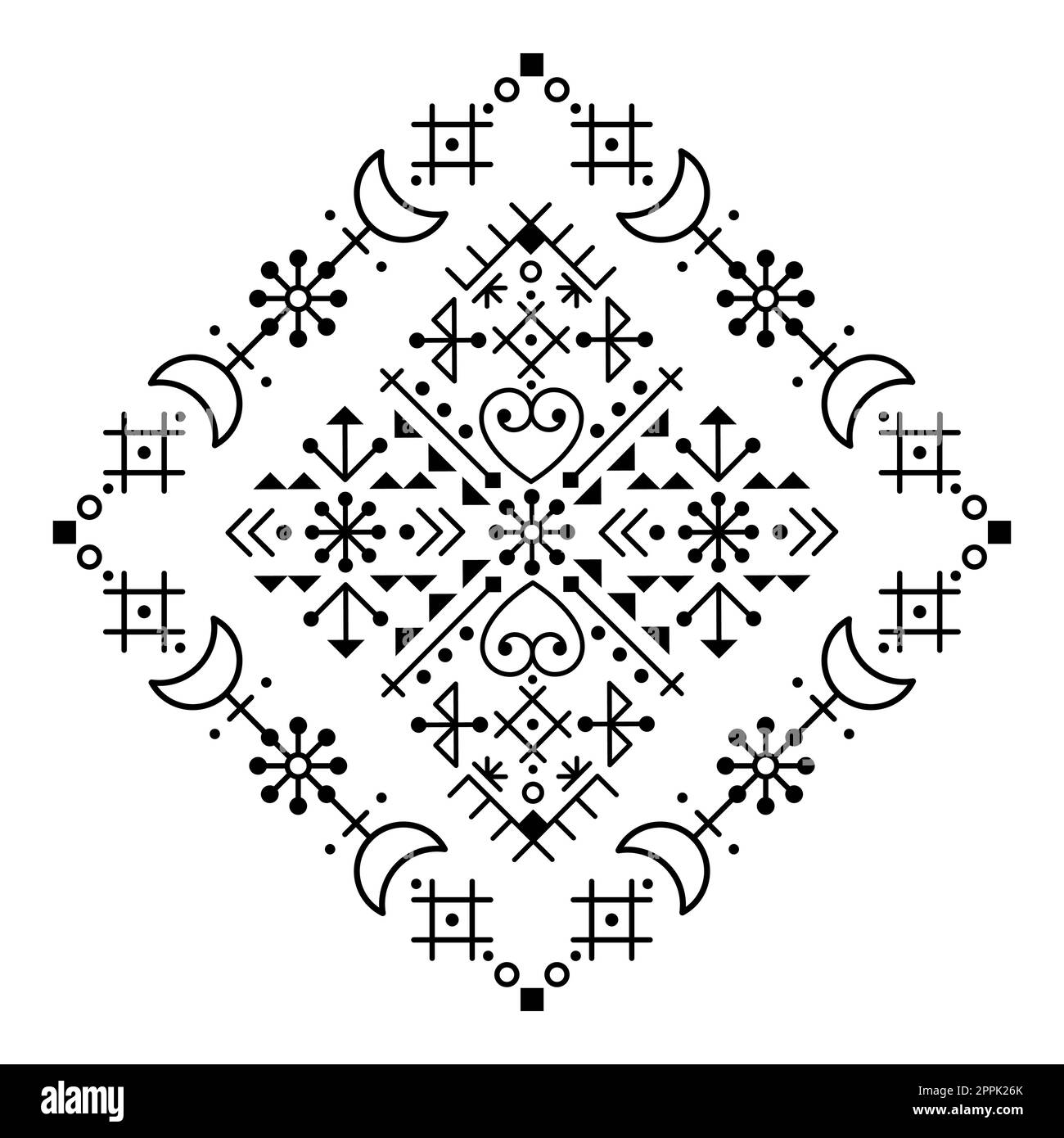 Décoration de style art folklorique de la rune islandaise au style tribal avec des lunes, des fleurs et des formes géométriques Illustration de Vecteur