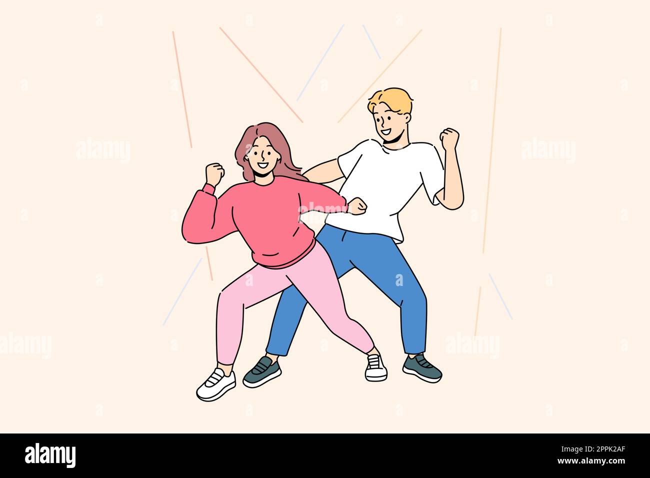 Un homme et une femme heureux ont du plaisir à danser le hip hop ensemble. Couple souriant dans des vêtements brillants engagé dans l'activité de danse. Loisirs et loisirs. Illustration vectorielle. Illustration de Vecteur Un homme et une femme heureux ont du plaisir à danser le hip hop ensemble. Couple souriant dans des vêtements brillants engagé dans l'activité de danse. Loisirs et loisirs. Illustration vectorielle. Illustration de Vecteur