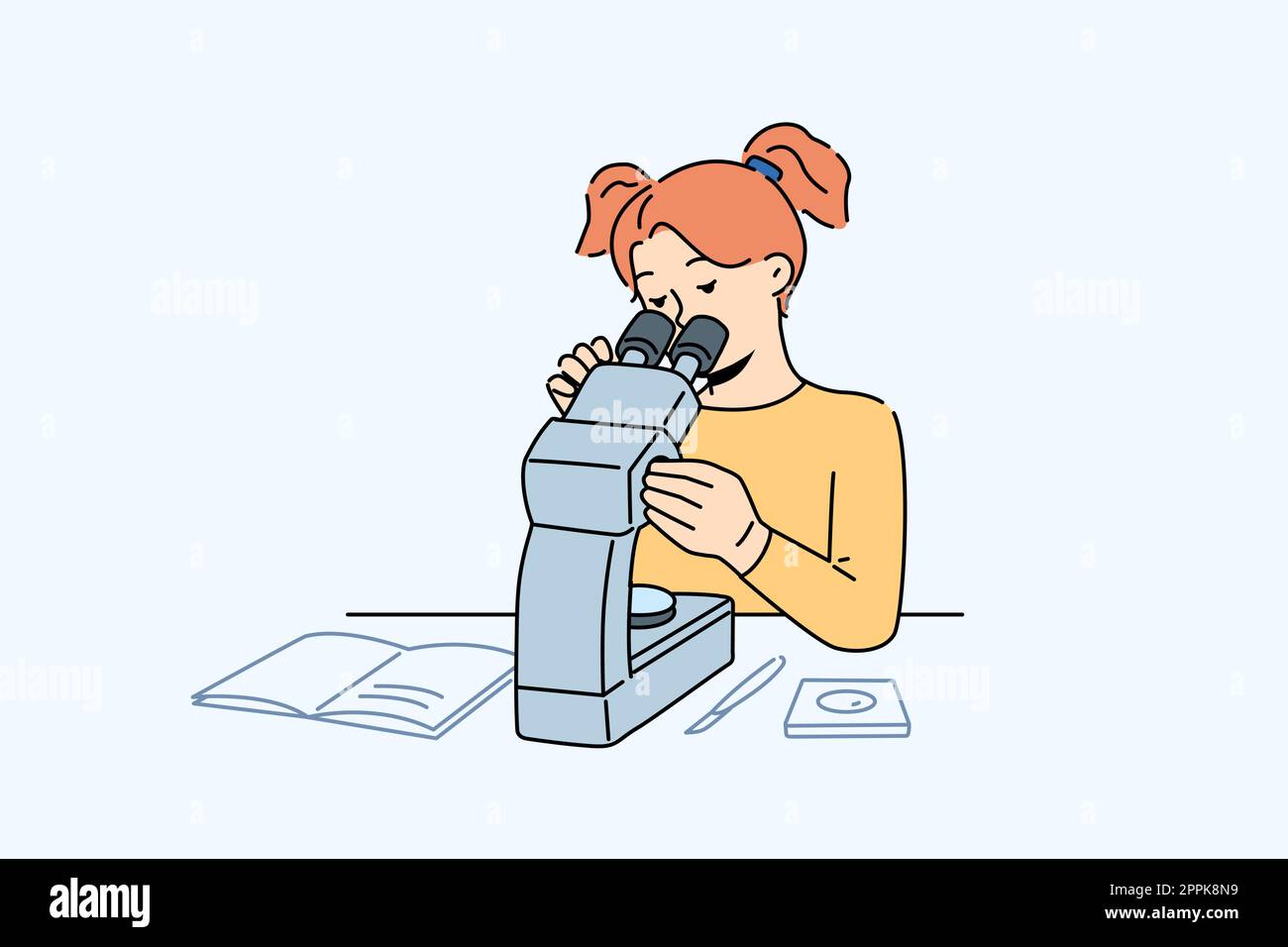 Une petite fille intelligente s'assoit au bureau à l'école, regardez au microscope. Article d'étude de jeune fille d'école intelligent sous microscope. Éducation et apprentissage. Illustration vectorielle. Illustration de Vecteur