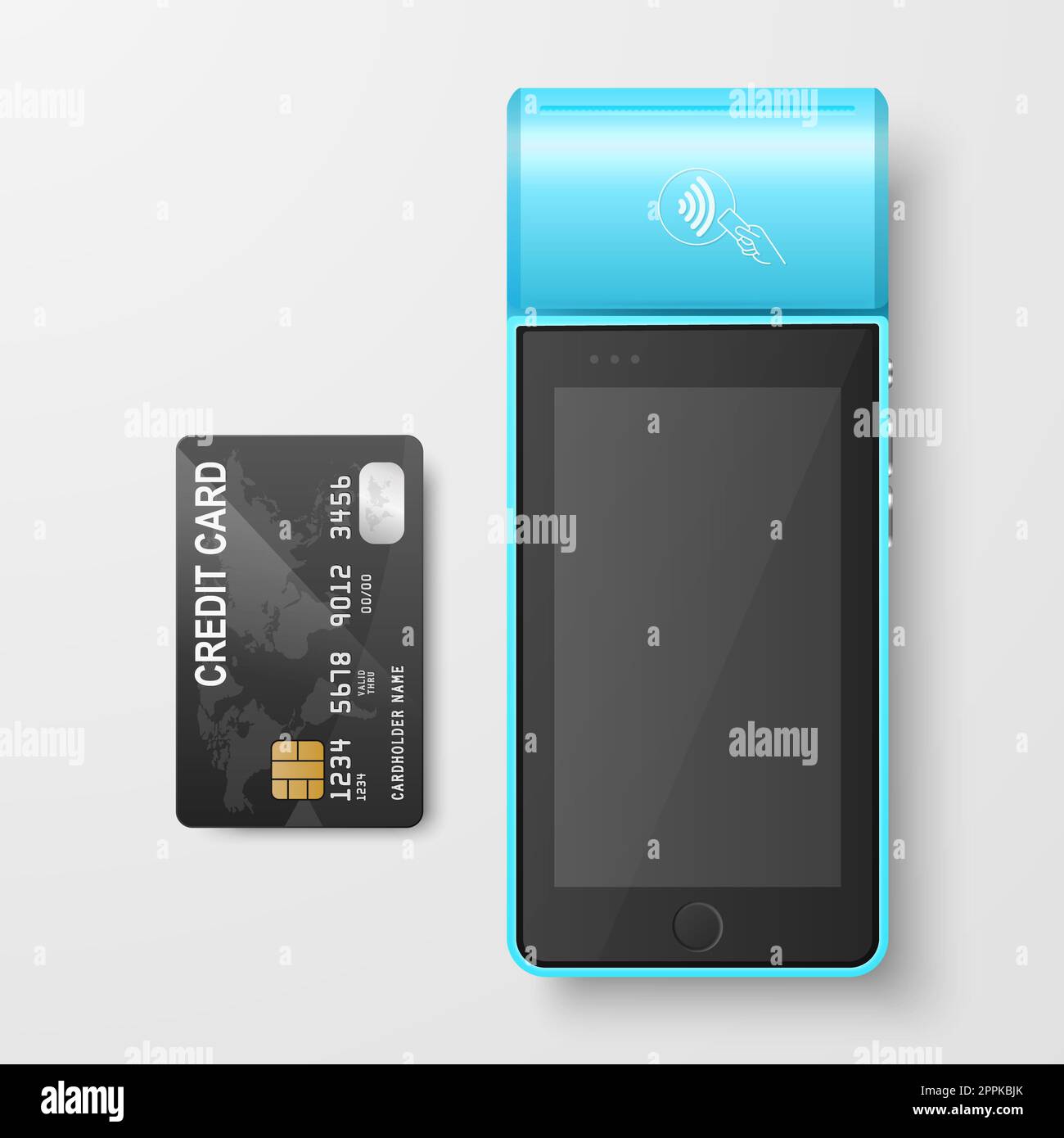 Vector 3d rouge NFC machine de paiement et carte de crédit isolée. Wi-fi, paiement sans fil. Terminal POS, modèle de conception de machine de terminal sans contact de paiement bancaire, maquette. Vue de dessus Banque D'Images