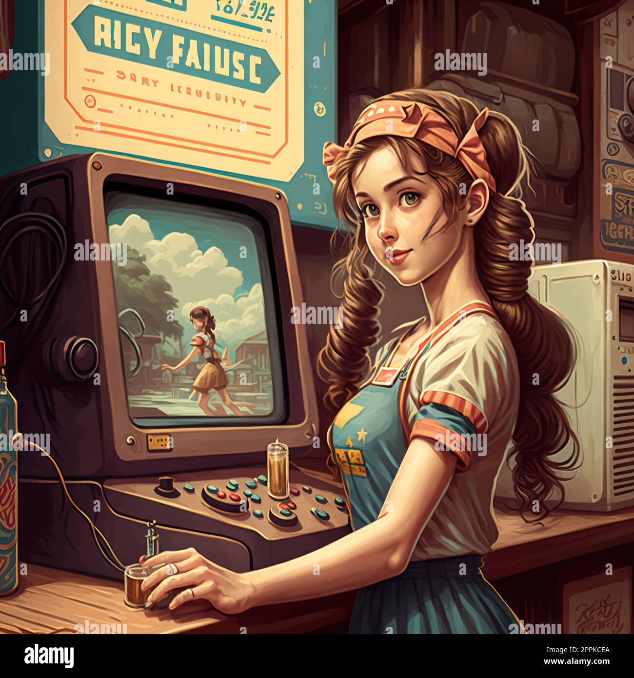 Style rétro nostalgique concept: Jeune fille jouant à un jeu vidéo sur une console. Banque D'Images