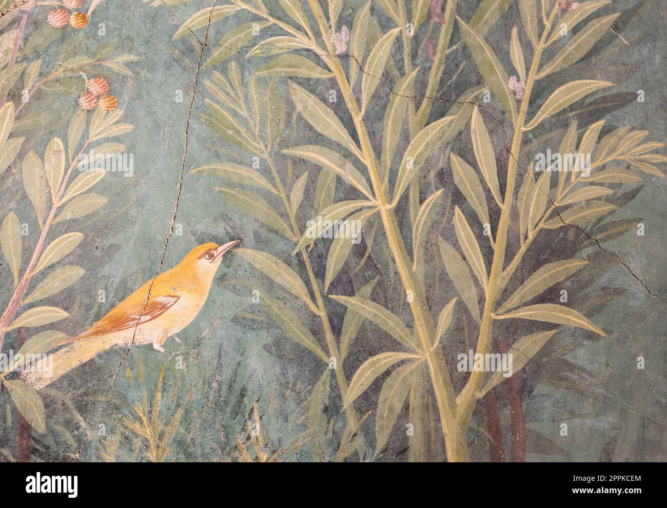 Italie, Pompéi - intérieur de maison romaine de luxe, détail de fresque avec oiseau dans un jardin Banque D'Images