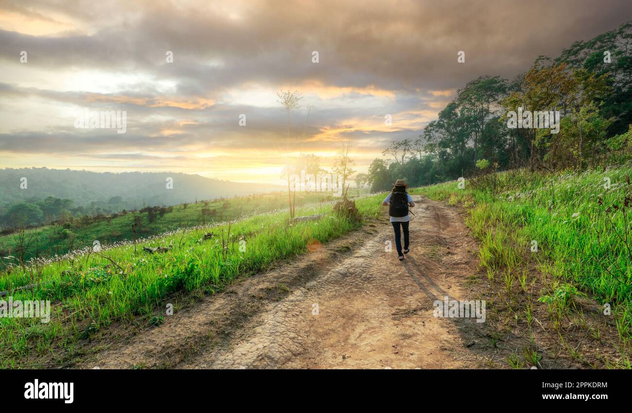 Rétroviseur de femme détendue marchant sur la route dans le champ de prairie pour voyager dans la nature avec le ciel de soleil du matin. Scène rurale. Activité de plein air pendant les vacances d'été. Paysage de champ d'herbe verte et de montagnes. Banque D'Images