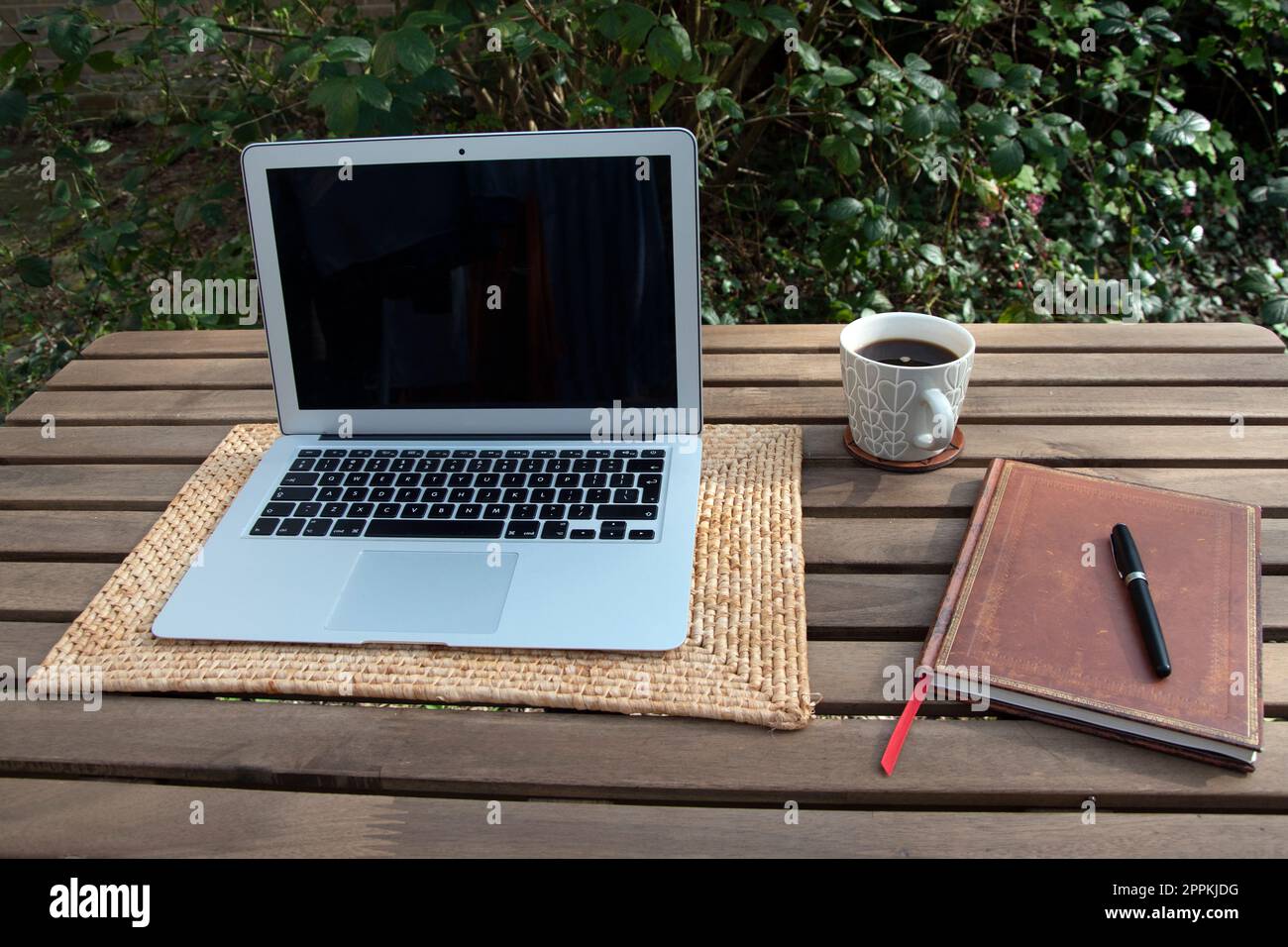 Travail à domicile dans le jardin avec ordinateur portable Banque D'Images