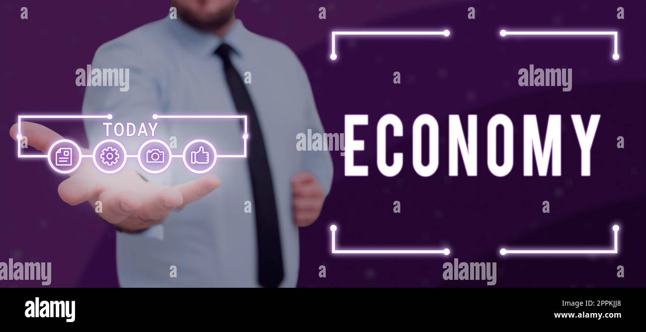 Affichage conceptuel économie. Concept désigne le système de la façon dont l'argent est fait et utilisé dans un pays particulier Banque D'Images