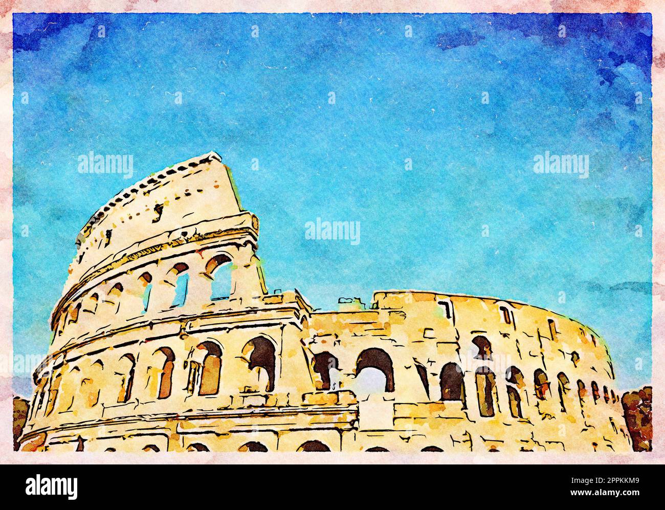 Rome, Italie - Colisée sur ciel bleu - Illustration créative, design aquarelle vintage. Banque D'Images