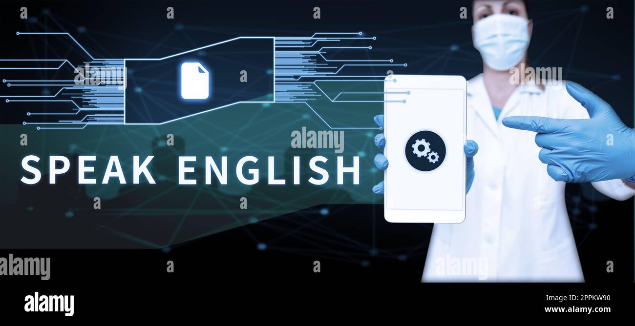 Affiche parler anglais. Étude de concept d'affaires un autre cours de langue étrangère en ligne verbal Banque D'Images