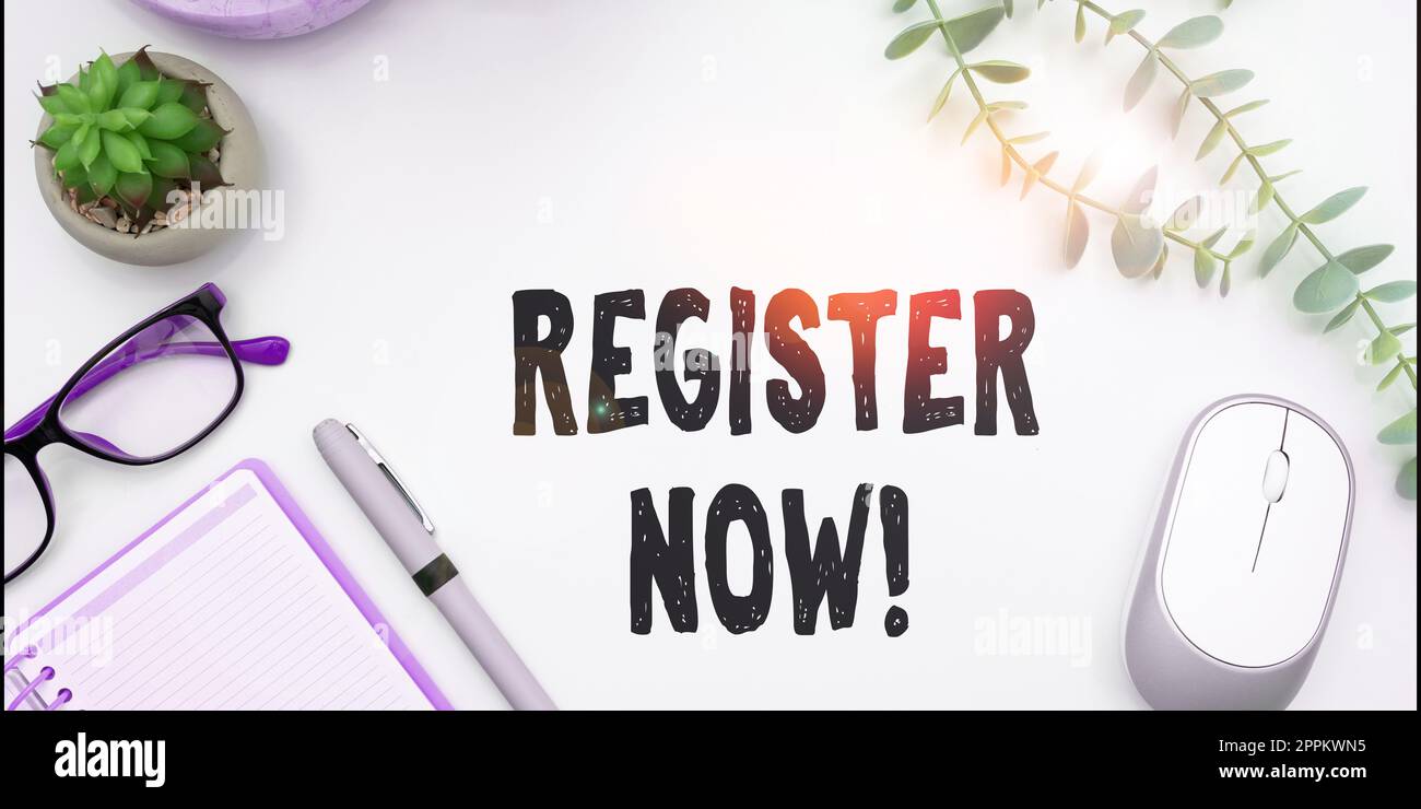 Affiche textuelle indiquant Inscrivez-vous maintenant, Business Showcase Nom dans une liste officielle Enlist pour être membre Inscrivez-vous Banque D'Images