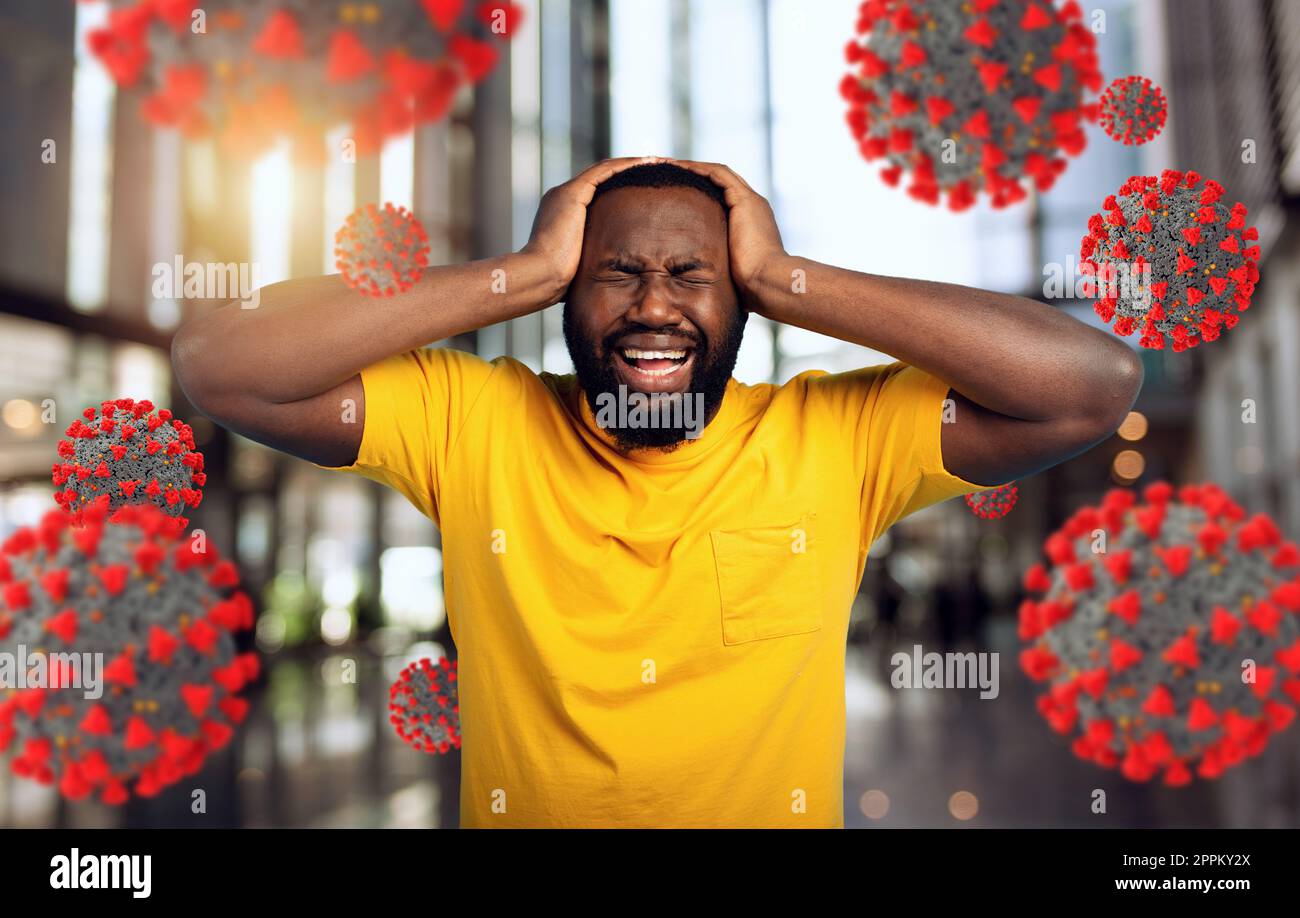 Triste et désespérée expression d'un garçon qui a peur de attraper le coronavirus covid-19. Arrière-plan cyan. Banque D'Images