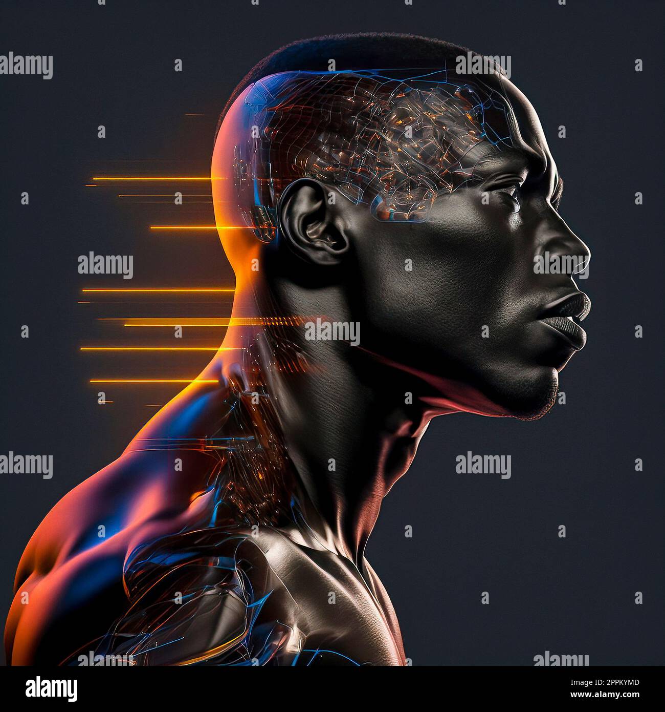 Une tête et des épaules d'athlète à la peau sombre puissante et déterminée, avec des lignes techniques de Cyborg épurées passant par son corps Banque D'Images