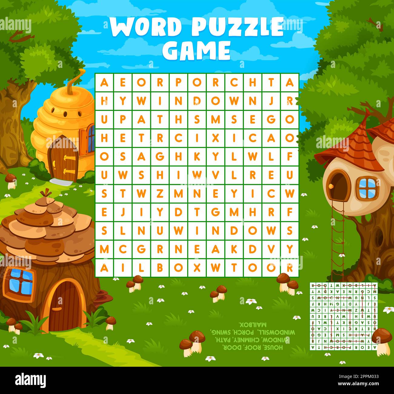 Le dessin animé de conte de fées abrite la feuille de calcul de jeu de puzzle de recherche de mot, quiz pour enfants. Grille de mots croisés vectoriels pour les enfants, énigme avec cône, ruche d'abeille ou n Illustration de Vecteur