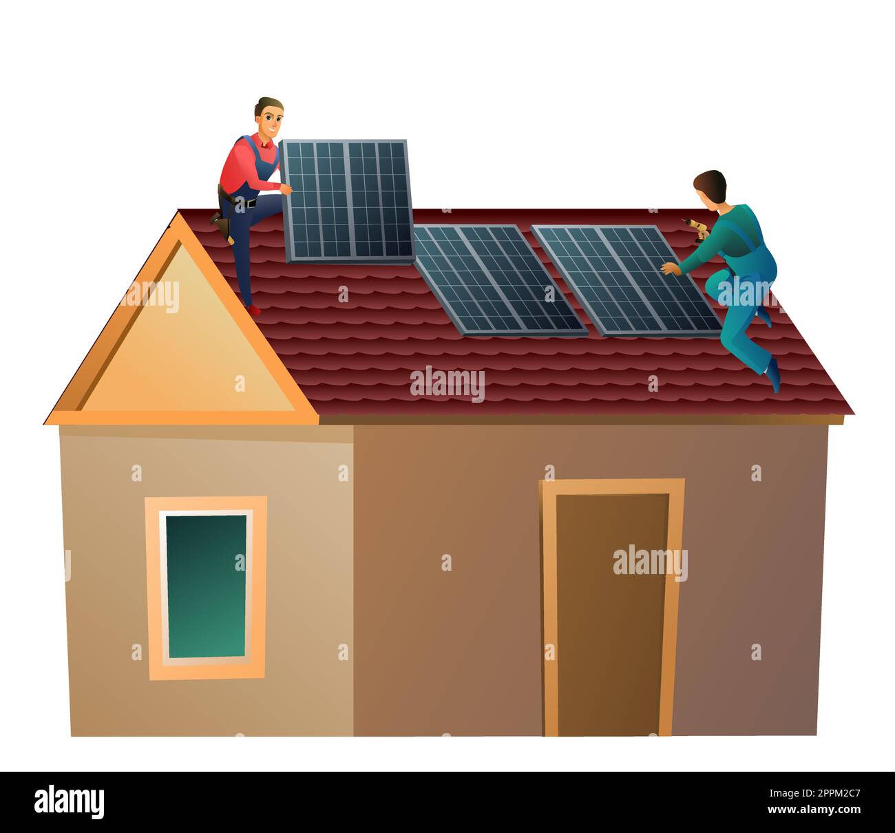 Deux travailleurs installent des panneaux solaires sur le toit. Énergies alternatives. Sources renouvelables d'énergie électrique. Les travailleurs travaillent sur le toit. Petite maison et deux Illustration de Vecteur