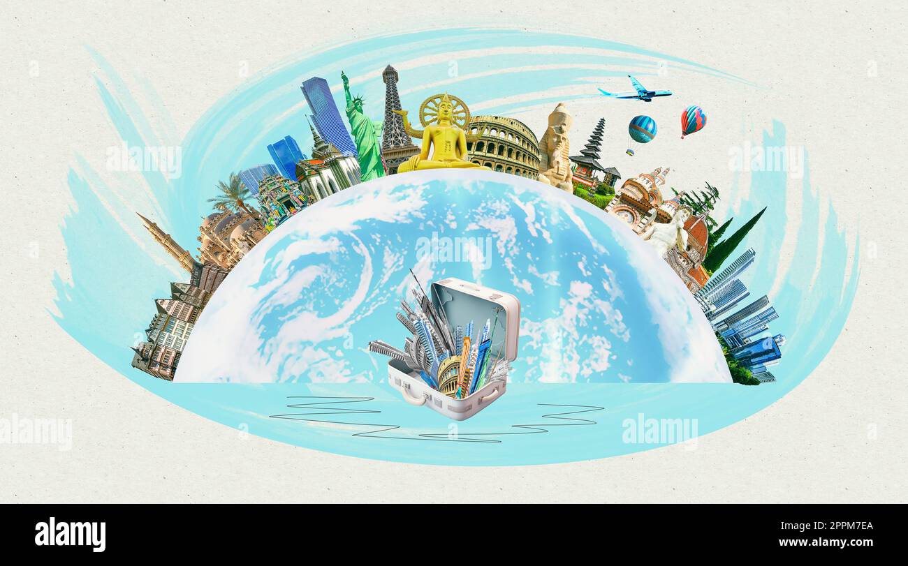 Monuments religieux et architecturaux du monde - collage ou globe de différentes religions d'Asie, d'Afrique et d'Europe. Voyage et tourisme avec des monuments célèbres du monde. Banque D'Images