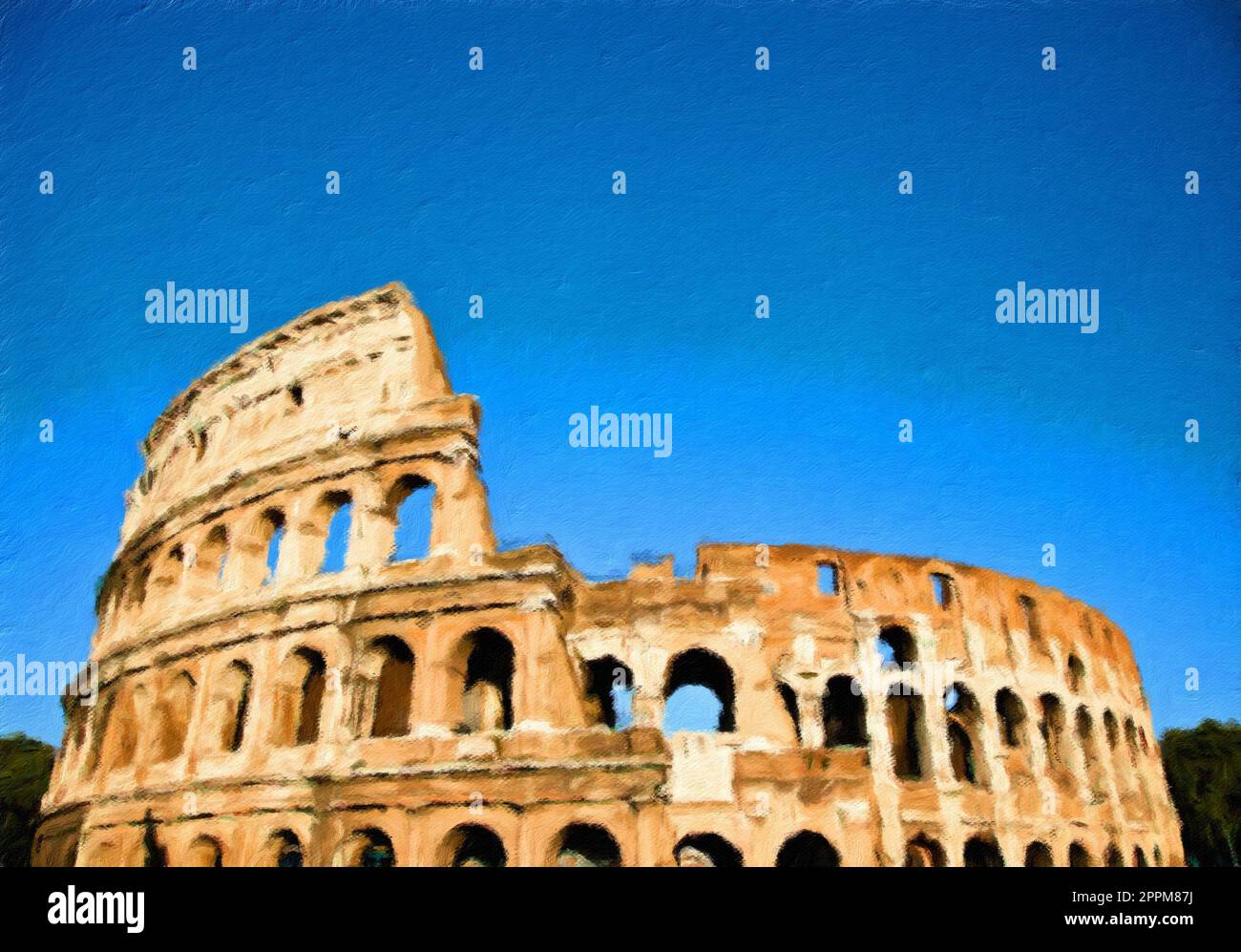 Rome, Italie - Colisée sur ciel bleu - Illustration créative, design impressionniste vintage. Banque D'Images