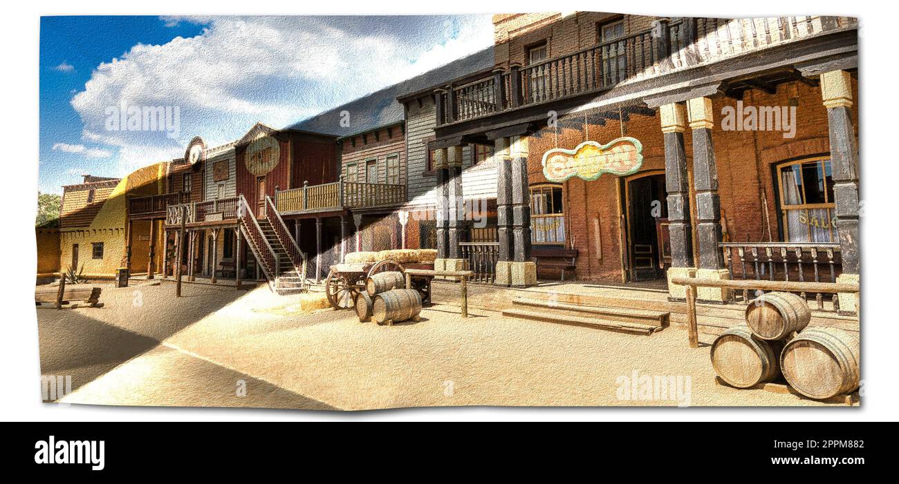 Image créative du village Far West avec de vieux bâtiments et saloon. Banque D'Images