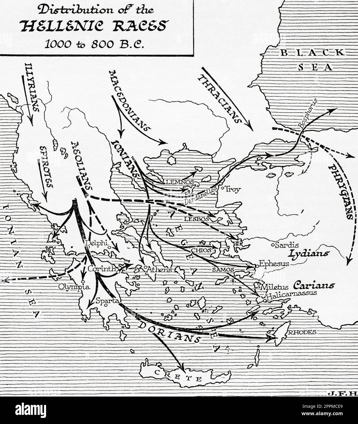 Carte montrant la répartition des courses helléniques, 1000 - 800 av. J.-C. Extrait du livre Outline of History de H.G. Puits, publié en 1920. Banque D'Images