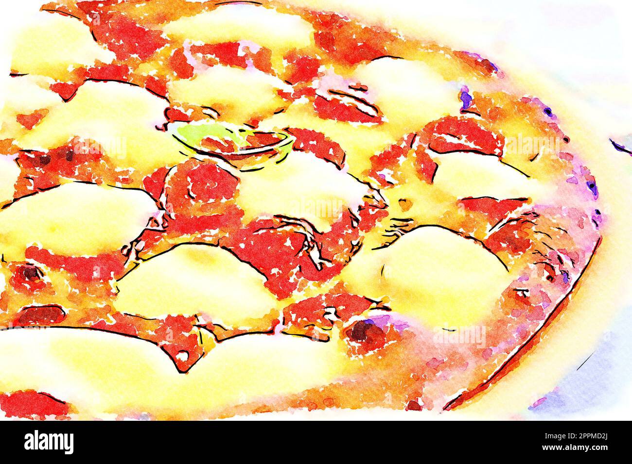 Illustration créative dans un design d'aquarelle vintage - Pizza Margherita avec fromage Mozzarella, basilic et tomates. Banque D'Images