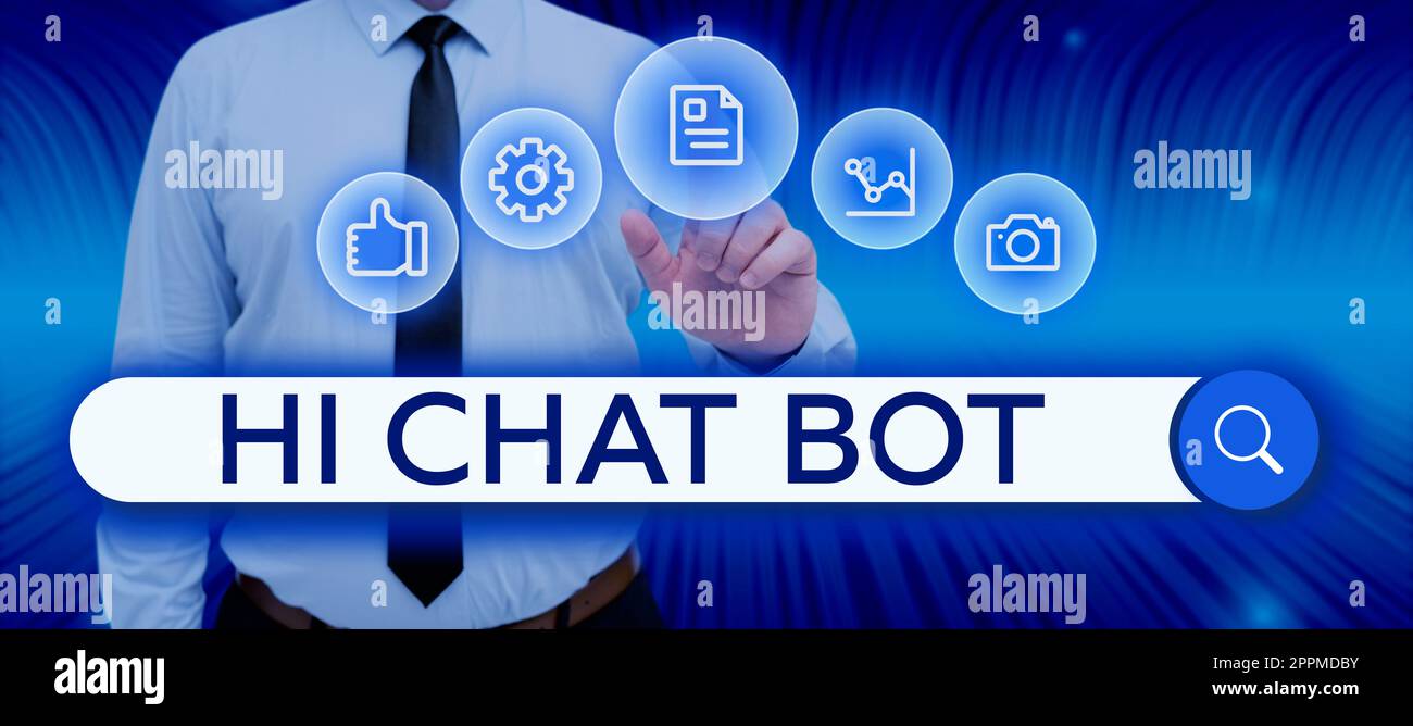 Texte d'écriture Hi Chat Bot. Photo conceptuelle message d'accueil à la machine robot qui répond à un message envoyé Banque D'Images