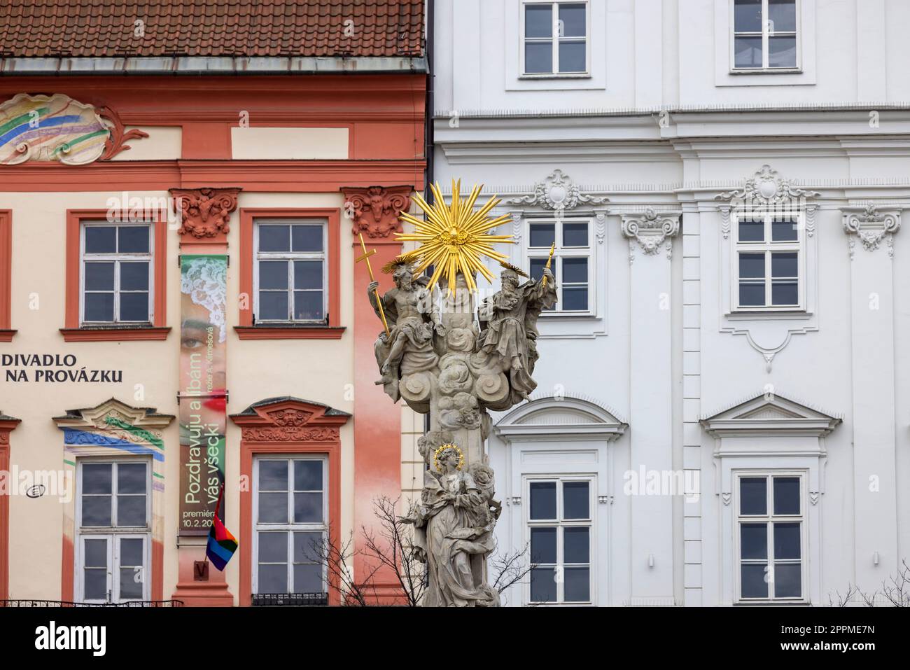 Colonne baroque de la Sainte Trinité du 17e siècle sur le marché aux légumes (Zelny trh), Brno, République tchèque Banque D'Images