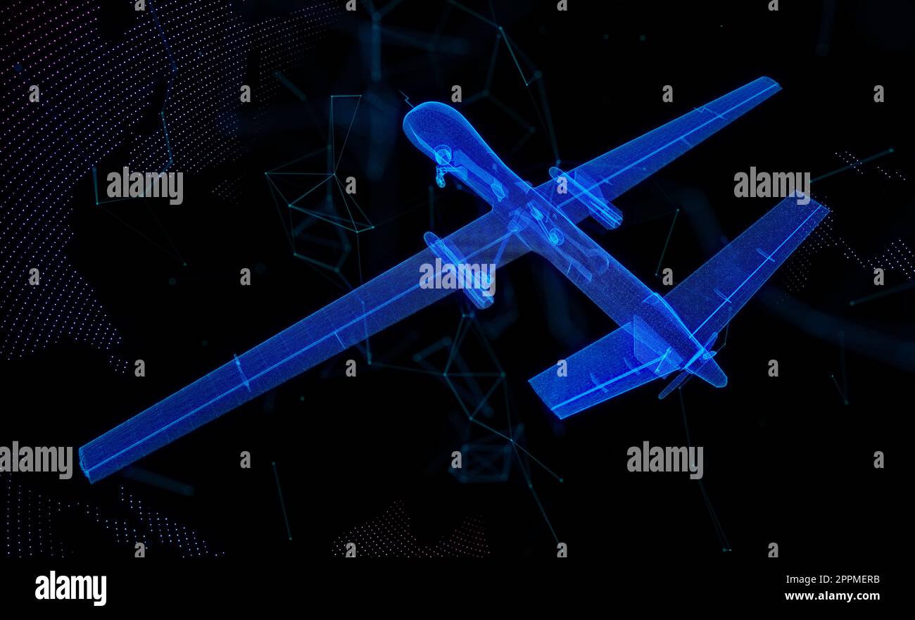 Un avion militaire un drone militaire sans pilote 3D ligne polygonale. Drone  numérique à partir de points et de lignes et connecté à la forme 3D.  Visualisation numérique Photo Stock - Alamy