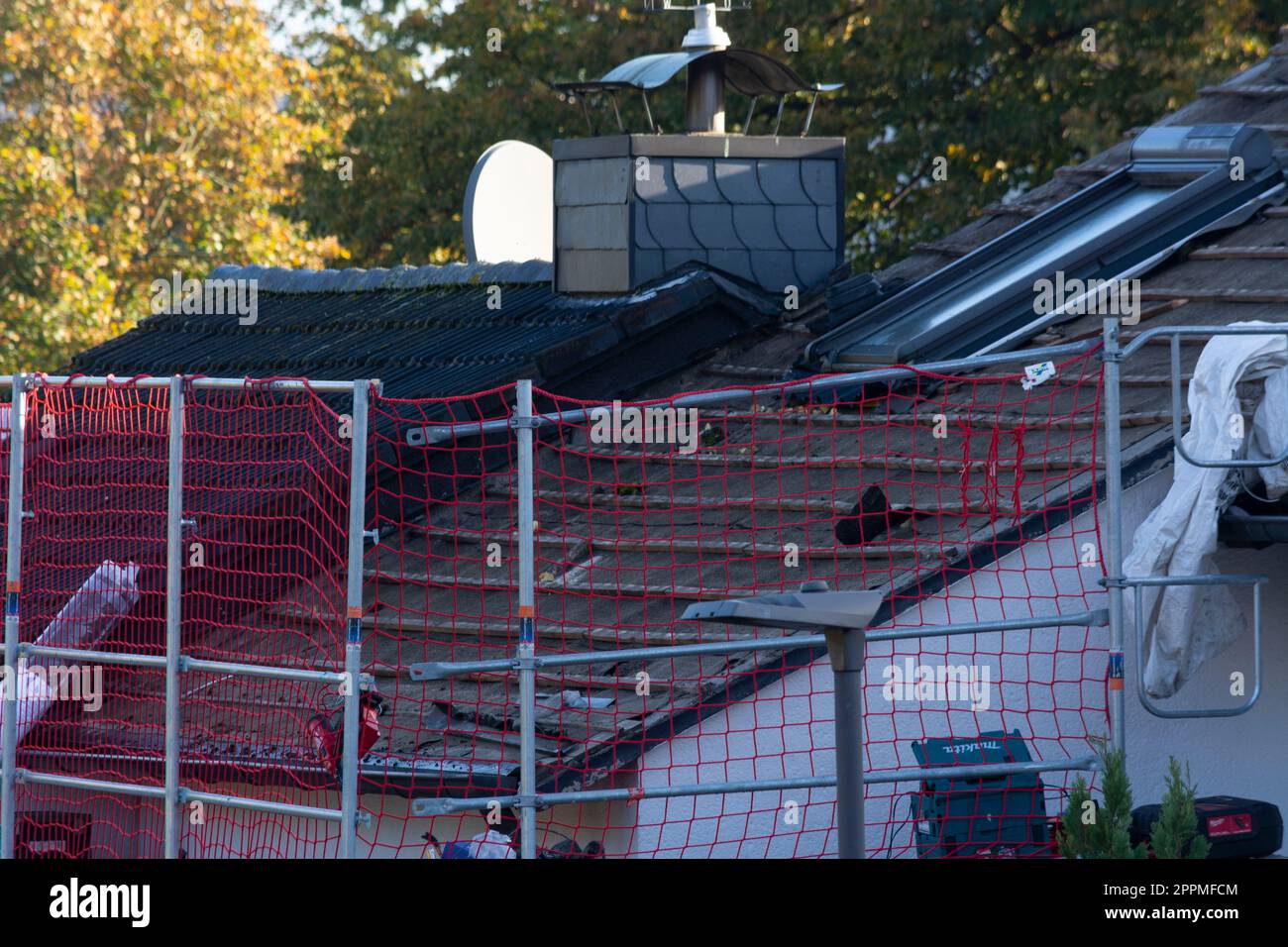 Vue aérienne des travaux de toiture effectués sur une maison. Banque D'Images