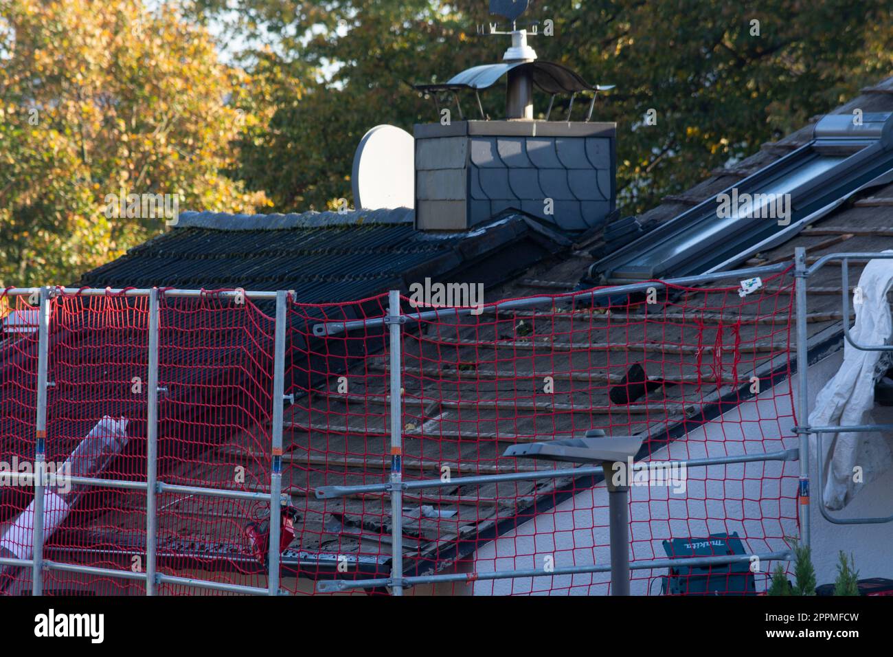 Vue aérienne des travaux de toiture effectués sur une maison. Banque D'Images