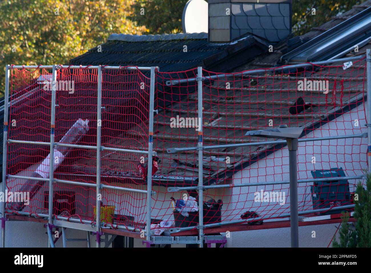 Vue aérienne des travaux de toiture effectués sur une maison. Banque D'Images