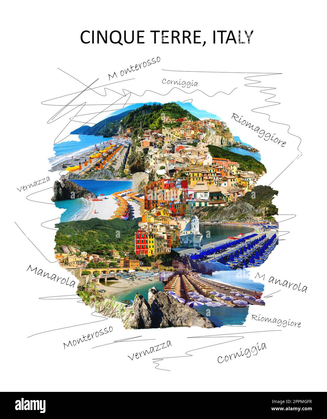 Panorama des villages côtiers des Cinque Terre, Ligurie, Italie. Collage d'art, design Banque D'Images