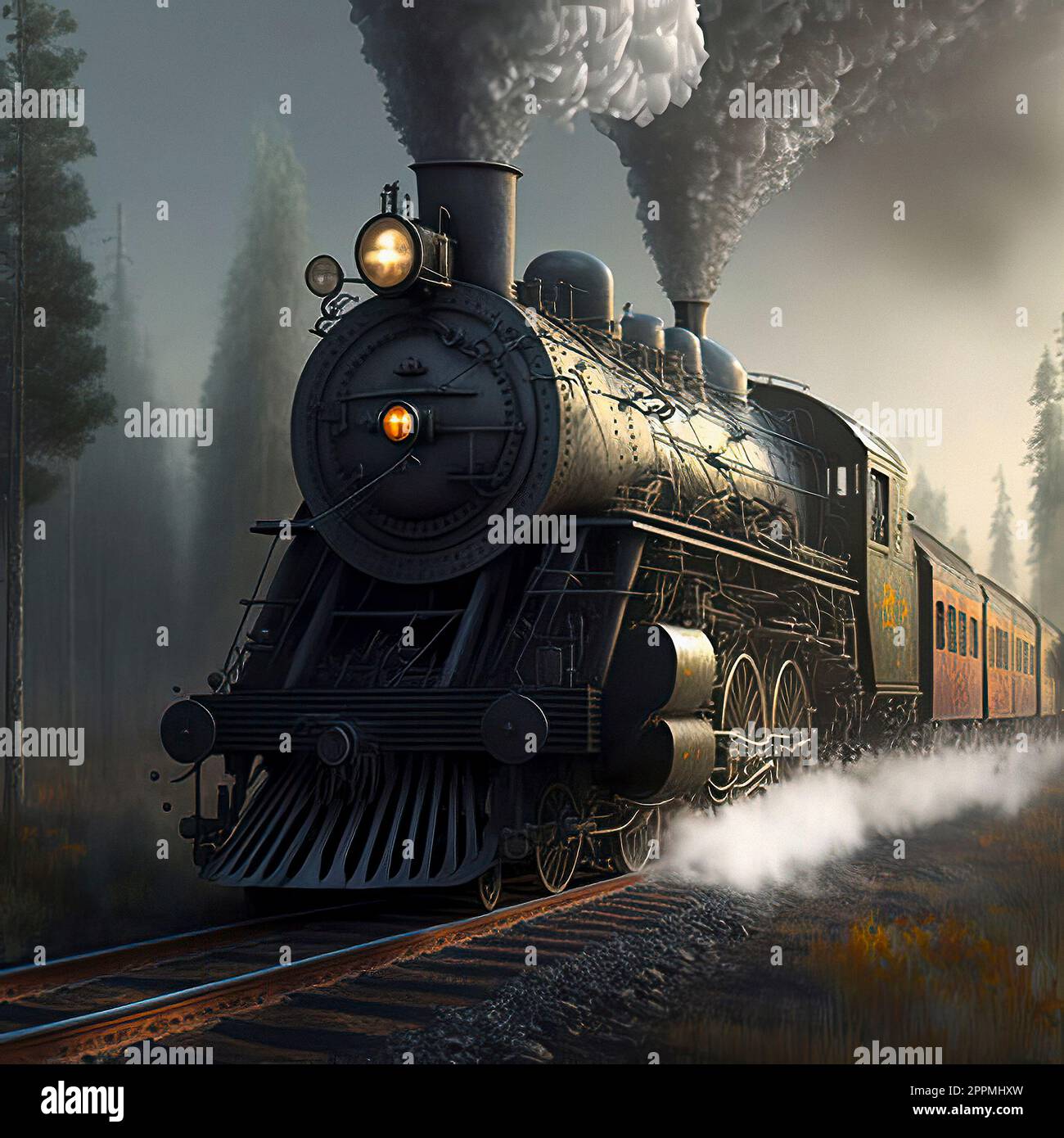 Un train à moteur à vapeur parcourt une dense forêt de pins foggy avec un corps en métal noir et des roues agitées, remuant la brume et créant une atmosphère endiablée et sinistre Banque D'Images