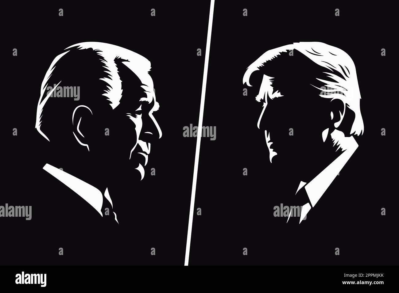 Géorgie. 13 mars 2023 : Silhouette en noir et blanc Portrait de Joe Biden et Donald Trump. Biden vs Trump. Président AMÉRICAIN sur fond noir. Vue latérale. Illustration vectorielle Banque D'Images