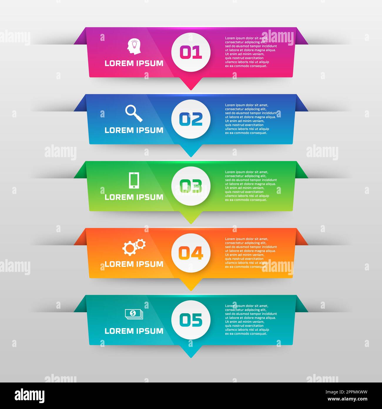Modèle d'infographie vectorielle avec cinq options dans le style de conception de matériaux. Il peut être utilisé comme un graphique, bannière numérotée, présentation, graphique, rapport, web, etc Banque D'Images